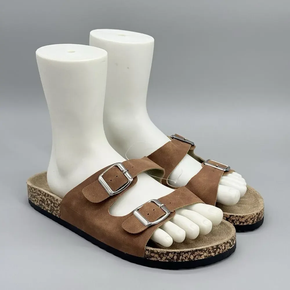 Alpine Swiss Mens Brown Double Strap Cork Sandals Slides Size 10